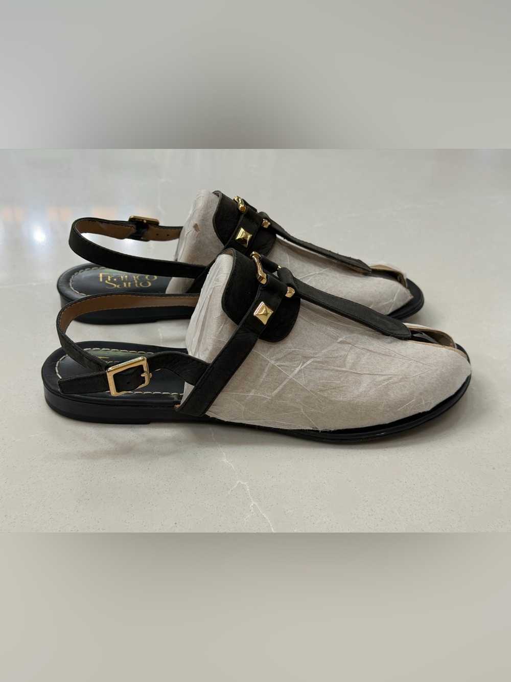 Franco Sarto Gram Studded Flat Sandals Black Leather Slingback T-Strap 8.5M